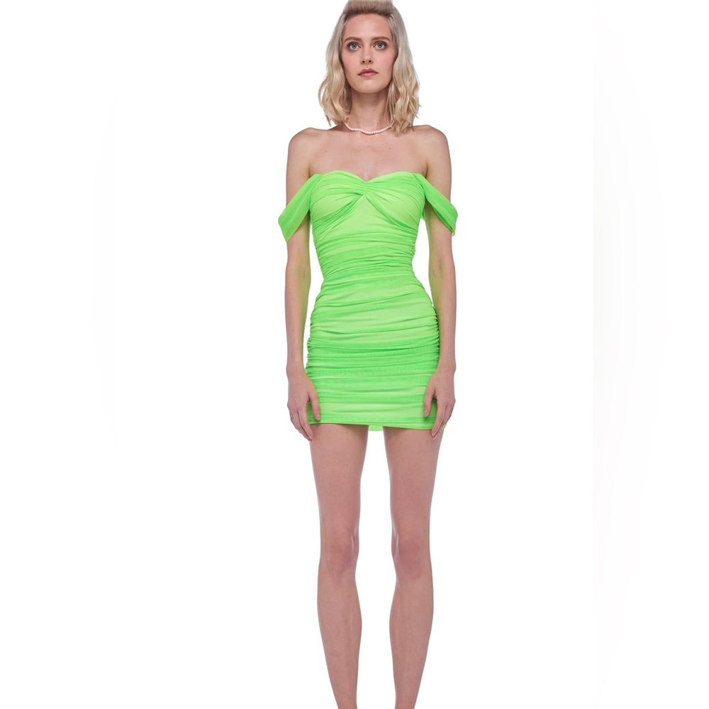 NWOT Norma Kamali Neon Green Off-Shoulder Mini Dress Size S